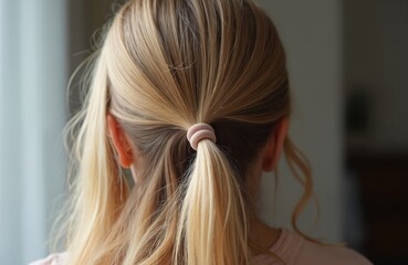 Close-up photo of girl with long, loose blond hair. Two strands of hair gathered by elastic band in low ponytail. Child hair styling, coiffure at back. Schoolgirl or teen with delicate, natural hair.