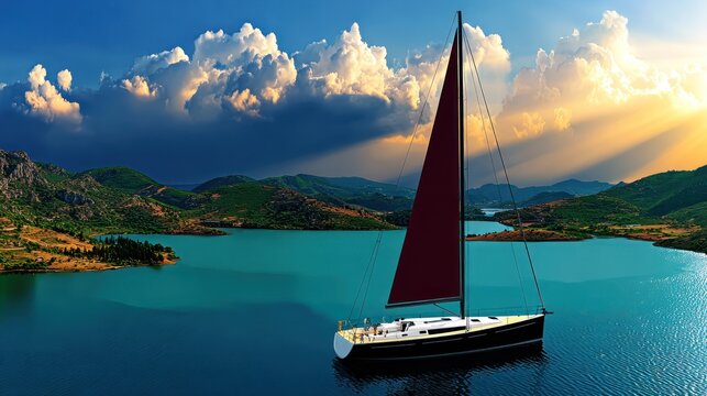 Sailing yacht on serene lake at sunset - Powered by Adobe