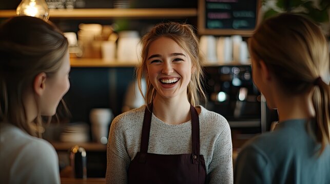 Three women are engaged in a cheerful conversation in a kitchen setting.