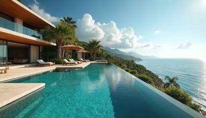 Fototapeta premium Luxury oceanfront villa with infinity pool. Modern architecture, panoramic views of blue sea, sky. Relaxation, vacation. Home on exotic island. Travel, tourism, real estate. Summer vibes. Tropical