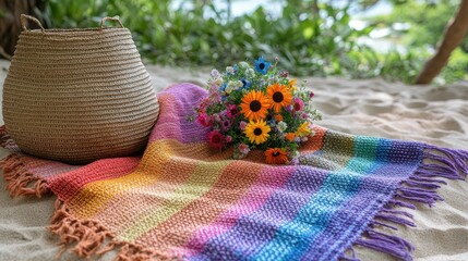 Colorful beach picnic blanket with flowers and basket