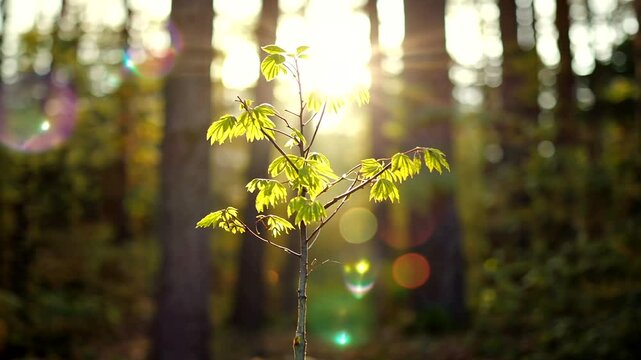 A young sapling stands tall in a sunlit forest, surrounded by lush greenery and soft bokeh