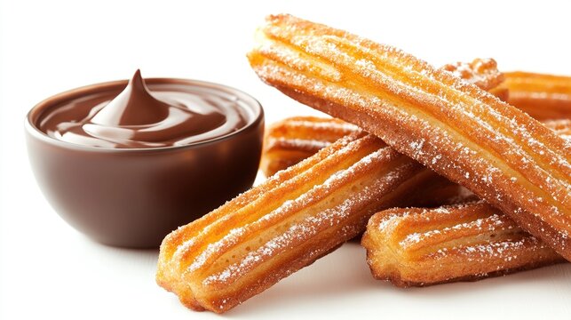 Three golden-brown churros dusted with powdered sugar, artfully arranged alongside a small bowl of rich, dark chocolate dipping sauce, set against a stark white background