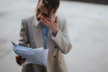 A frustrated woman in a blazer holding financial papers with a stressed expression, standing outside. The image captures the concept of business challenges and emotional strain.