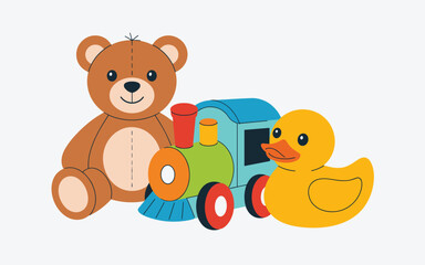 Obraz premium Adorable Teddy Bear, Toy Train, and Rubber Duck Illustration