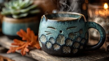 Cozy Autumn Still Life: Steaming Cat Mug with Fall Foliage and Candlelight Atmosphere