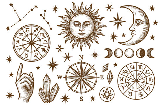 Mystical celestial elements hand drawn set sun moon zodiac constellations compass and pointing hand