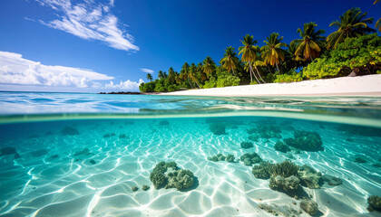 Fototapeta premium Tropical Paradise: A breathtaking view of a tropical beach with crystal-clear turquoise water, a pristine sandy shore, and lush palm trees, showcasing the beauty of a remote island.