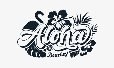 Aloha text, emblem and logo isolated on white. Hand drawn Aloha Hawaiian word for hawaii shirt print or sign. Lettering or summer party invitation, flyer and poster design.