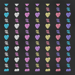 Set of Vertical Seamless Borders Chalk Drawn Sketches of Hearts and Squiggles.