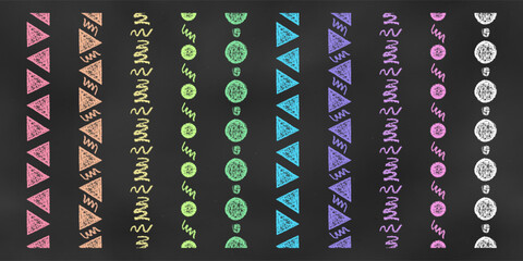 Set of Vertical Seamless Colorful Borders Chalk Drawn Sketches on Black Background.
