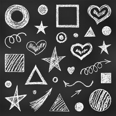 Realistic Chalk Drawn Sketch. Set of Design Elements Children's Figures Isolated on Chalkboard Backdrop.