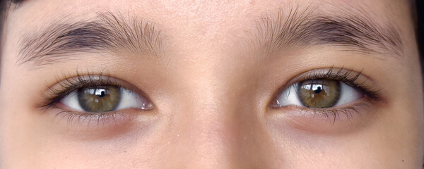 Close-up macro of a woman's beautiful brown eye, highlighting her iris, eyelashes, and natural skin, with a captivating look