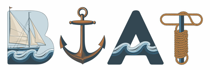 boat text made from sailing elements including large sailboat, anchor, wave, helm, and rope – perfect for maritime, sailing, or nautical design