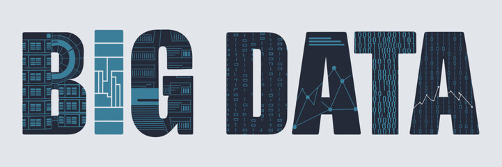 Big Data vector with databases, graphs, and binary code textures on white background – Suitable for data analysis, information technology, or business intelligence content