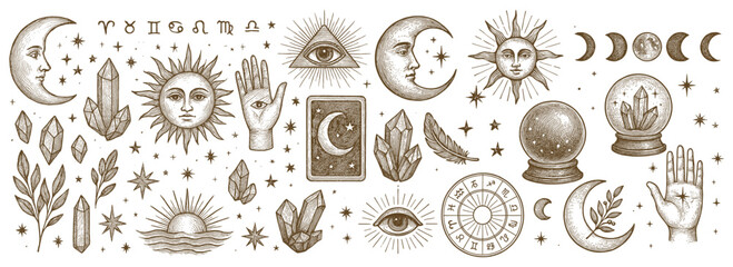 Mystical elements in vintage style symbols related to magic astrology and divination spirituality illustration