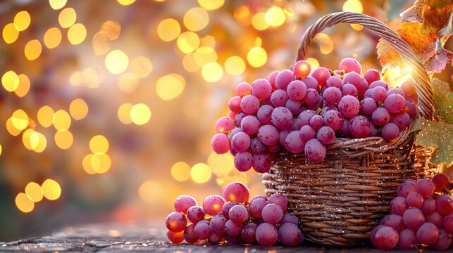 Wicker basket of plump red grapes at sunset