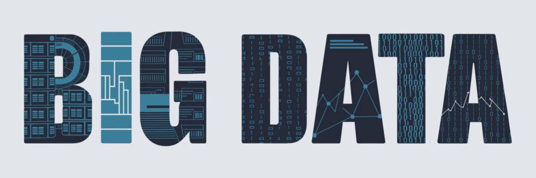 Big Data vector with databases, graphs, and binary code textures on white background &ndash; Suitable for data analysis, information technology, or business intelligence content