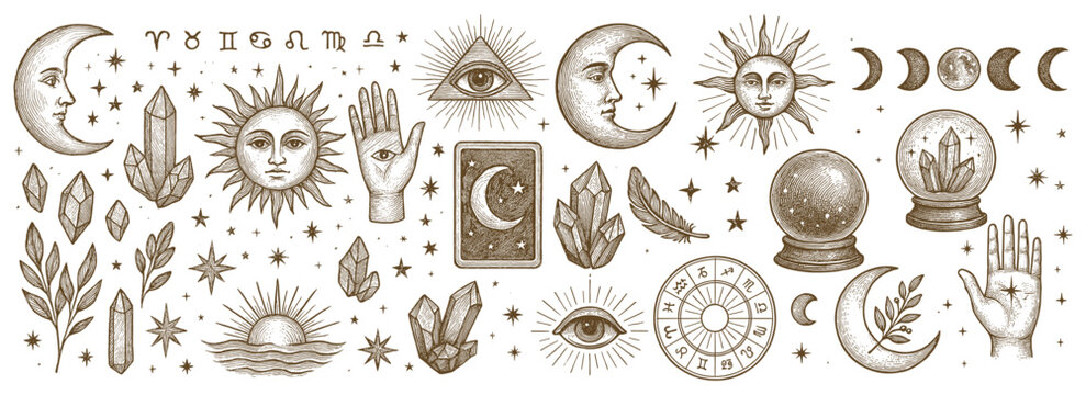 Mystical elements in vintage style symbols related to magic astrology and divination spirituality illustration