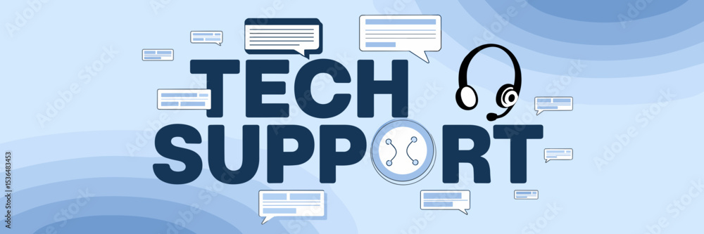 Poster vector tech support text with chat bubble and headset – ideal for customer service, it helpdesk, or 