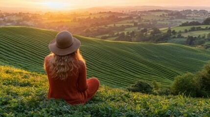 Fototapeta premium Woman in terracotta dress sits on a grassy hilltop overlooking a tea plantation at sunrise
