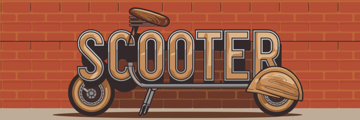 Obraz premium Vintage scooter text illustration with wooden frame and leather seat – Suitable for retro design, scooter enthusiasts, or vintage lifestyle content.