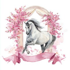 Elegant white horse surrounded by pink blossoms and decorative archway in a serene landscape setting