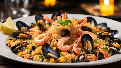 A delectable Spanish seafood paella with shrimp, mussels, lemon, and rice, beautifully plated and ready to be served in a fancy restaurant with warm lights