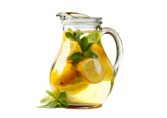 Refreshing lemonade jar filled with ice and lemon slices, perfect for summer beverages on a transparent background.