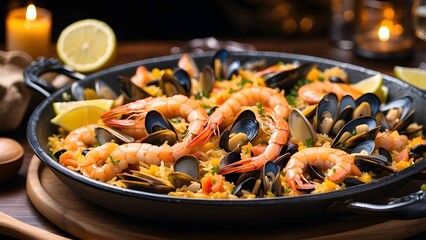 A delectable Spanish seafood paella with shrimp, mussels, lemon, and rice, beautifully plated and ready to be served in a fancy restaurant with warm lights