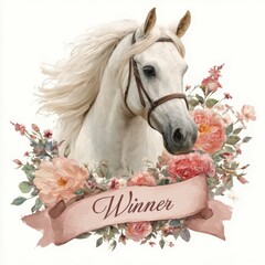 Majestic white horse surrounded by colorful flowers celebrates triumph in equestrian event