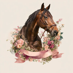 Beautiful brown horse adorned with flowers in a decorative design for artistic display during springtime celebrations