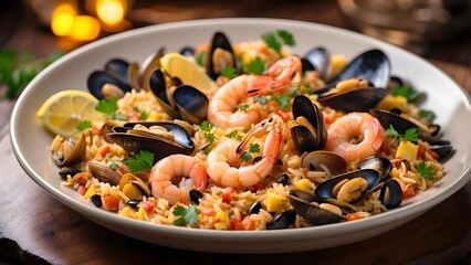 A delectable Spanish seafood paella with shrimp, mussels, lemon, and rice, beautifully plated and ready to be served in a fancy restaurant with warm lights