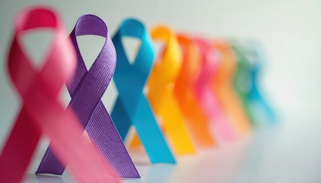 Colorful ribbons symbolize cancer awareness campaign. Different colors represent various cancer types. Row of ribbons against blurred background create impactful visual. Healthcare, medical support, - Powered by Adobe