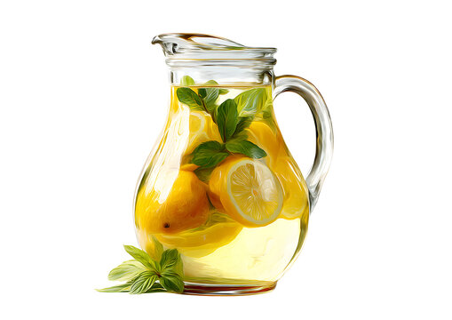 Refreshing lemonade jar filled with ice and lemon slices, perfect for summer beverages on a transparent background.