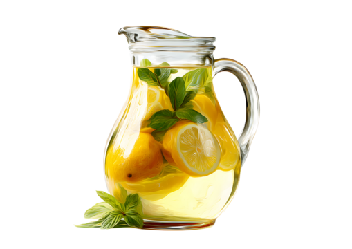 Refreshing lemonade jar filled with ice and lemon slices, perfect for summer beverages on a transparent background.