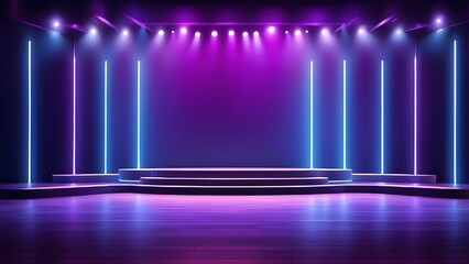 Empty modern stage with blue purple neon spotlight. Stage light background with spotlight illuminated. Modern dance production stage. AI generated image. Perfect for music shows parties.