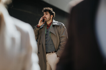 A stylish business professional in an outdoor environment, confidently speaking on his smart phone....