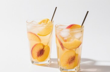 Homemade Peach Lemonade in Clear Glasses Iced Summer Beverage on White Tabletop for Restaurant Menu Design