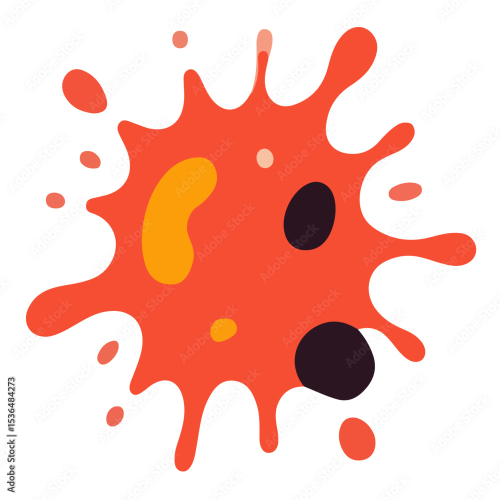 Poster a vibrant, abstract splash of red with yellow and black spots, creating a dynamic and artistic desig