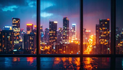 Cityscape window view rainy night lights blurred