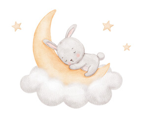 Watercolor cute bunny sleeping on moon in cloud with stars, watercolor hand drawn illustration for kids, painted drawing with isolated background