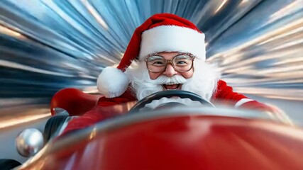 Joyful santa racing in fast red toy car on snowy winter adventure. - Powered by Adobe