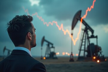 A businessman in a suit looks at a falling oil price graph, with oil rigs and a cloudy sky in the background