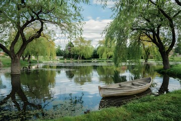 Obraz premium Serene pond scene with rowboat and weeping willows