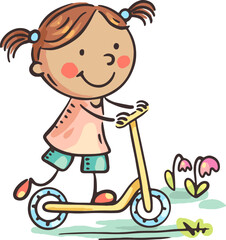 Happy little girl riding a scooter