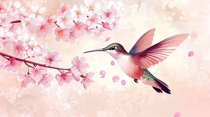 A hummingbird in flight, wings outstretched, hovers near a delicate branch laden with light pink cherry blossoms, petals falling gently onto a soft, pastel background