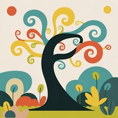 Fototapeta premium Simple abstract pastel colored tree and branch illustration.