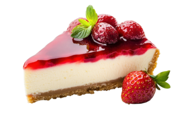 Tempting strawberry cheesecake slice with mint glistening jam and a side strawberry on a black isolated on transparent background. Generative Ai.