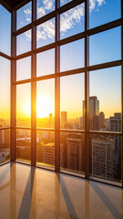 Fototapeta premium Cityscape Sunrise from Large Windows: a captivating shot of a stunning cityscape, with sun rising from between the glass, as a symbol of a new day
